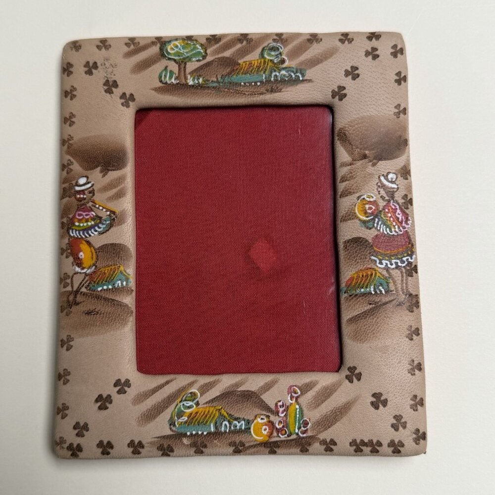 Hand Painted Soft Leather Peru Souvenir Picture Frame Decor Gift People Travel